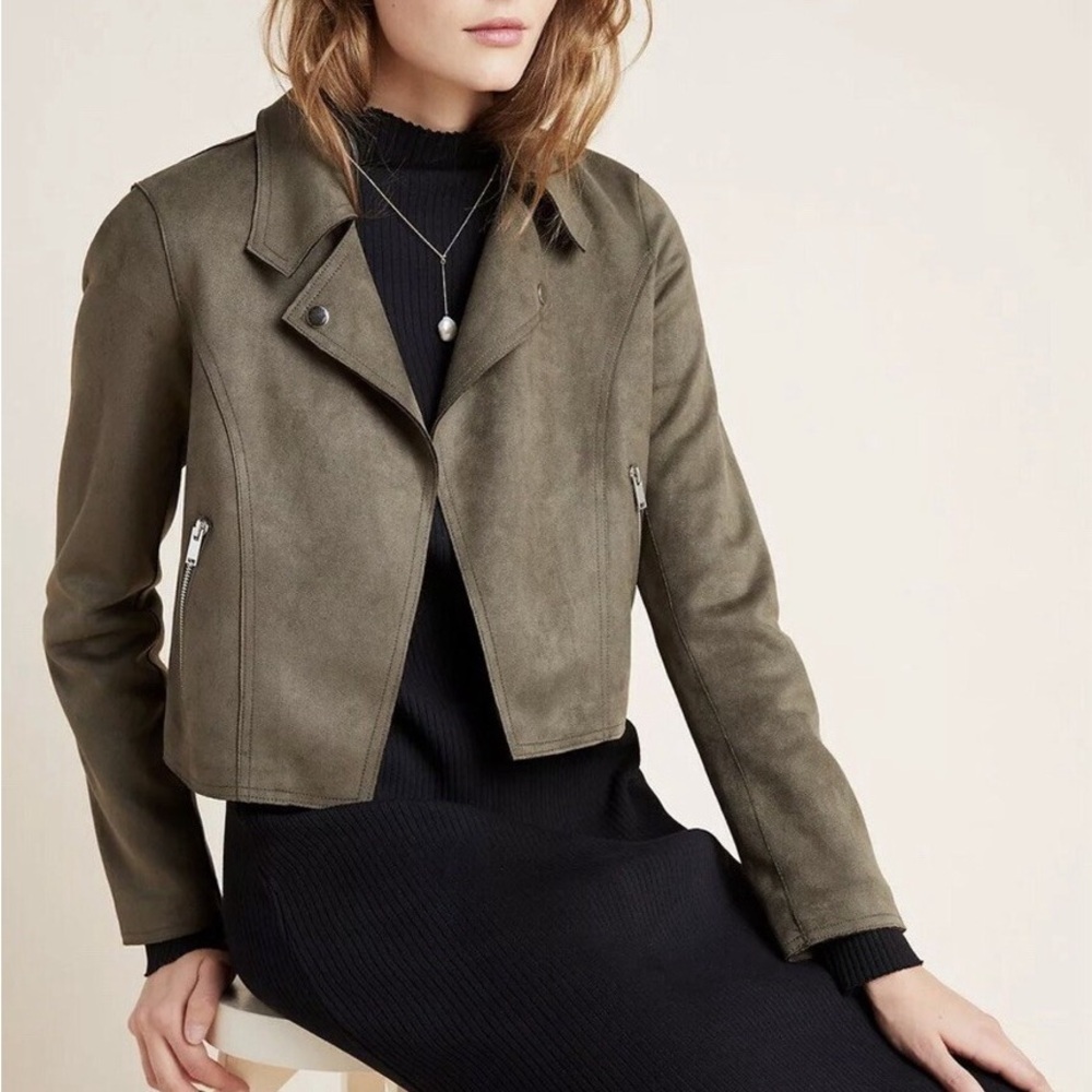 Anthropologie | Kelyn Faux Suede Olive Green Women's Moto Jacket